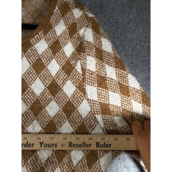ZARA Argyle Cardigan Sweater Brown White Cropped Long Sleeve Knit Women's Large - Picture 5 of 8